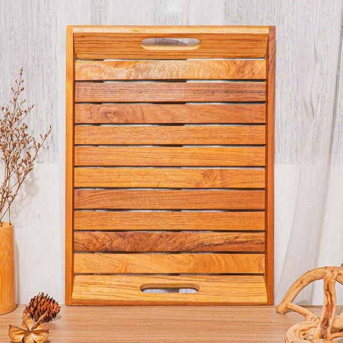 Rainforest Bowls 16"x12" Rectangular Javanese Teak Wood Serving Tray w/Handles- Ultra-Durable, Perfect for Breakfast in Bed, Coffee/Tea, etc- Luxury Custom Design Handcrafted by Indonesian Artisans