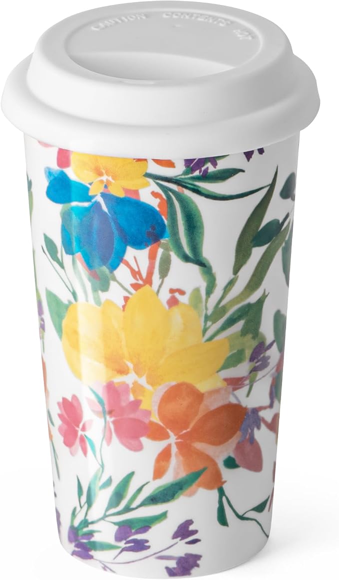 Floral Travel Coffee Mug 12 Ounce Flower Tumbler with Lid, Ceramic Travel Cup Tall Tea Cup Water Bottle with Beautiful Flower Prints Vintage Blooming Bouquet For Women Sister Friends Mom, Modern Gift