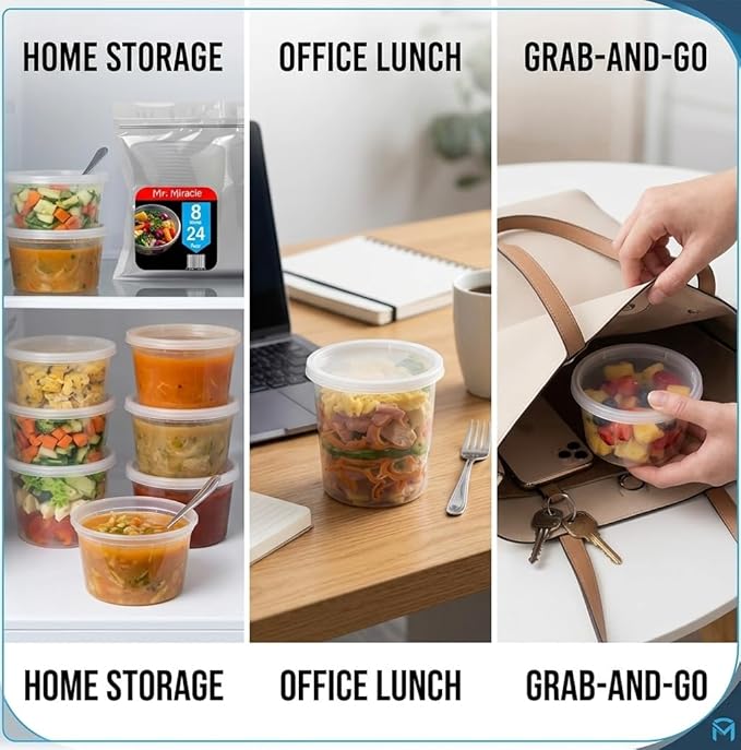 Mr Miracle 8OZ Deli Containers with Lids - 48 Pack of 8 oz Clear Airtight Reusable Plastic Food and Multi-Purpose Deli Containers - Microwave, Freezer, and Dishwasher Safe