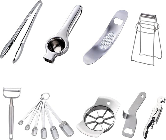 Silver Garlic Press Bottler Wine Opener Measuring Spoons Lemon Squeezer Vegetable Peeler Apple Cutter Kitchen Tongs Hot Plate Gripper Ice Tongs Kitchen Accessories Tools Set, Dish Washer Safe