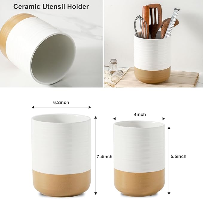HASENSE Ceramic Utensil Holder for Counter, 7.4"+5.5" Large Kitchen Utensil Organizer for Kitchen Utensil, White Cooking Utensil Crock to Hold Spatulas, Farmhouse Decor, Set of 2