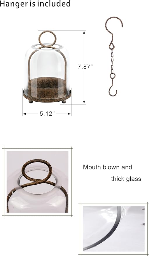 5"x7.5" Versatile Modern Metal Hurricane Lantern with Handmade Sturdy Glass Dome in Rustic Brown for 3" Pillar Candle & Plants, Industrial, Farmhouse, Shabby Chic (Brown, 5"x7.5" for 3" Pillar)