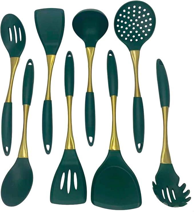 8-Piece Silicone Kitchen Utensil Set, White and Gold, Heat Resistant Cooking Tools with Comfort Handles- Includes Spatula & Spoon for Nonstick Cookware (Green & Gold)