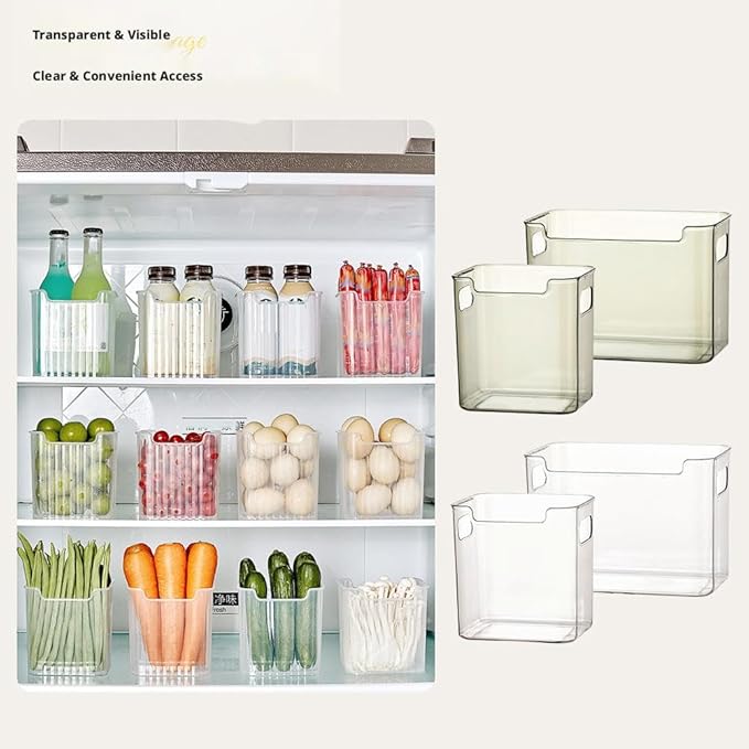 Crystal Clear Freezer Storage Bins, 4 Pack Clear Plastic Bins for Refrigerator and Pantry,Freezer Organizer Bin,Stackable Kitchen Cabinet Organizer with Handles,for Frozen Food,Meat & Veggies