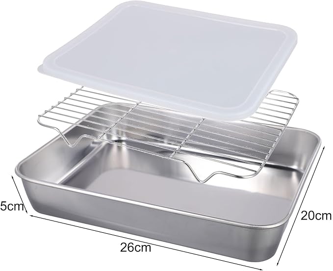 Stainless Steel Baking Tray with Cooling Rack Set for Kitchen Use, for Roasting and Baking Cookies, Vegetables, and Cakes (26x20x5cm)