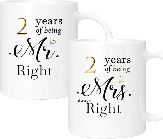 2nd Anniversary Coffee Mugs Set of 2, 2 Year Anniversary Wedding Gifts Decorations for Couple Parents Men Women Husband Wife Him Her, Gift Box Packaging, 11oz