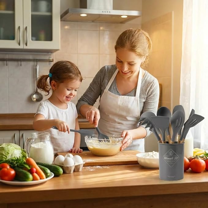 Silicone Cooking Utensils Set, Kitchen Utensils for Cooking with Holder, Wooden Handle Silicone Utensils Spatula Set, Heat Resistant, BPA Free, Non Toxic Kitchen Gadgets, Gray