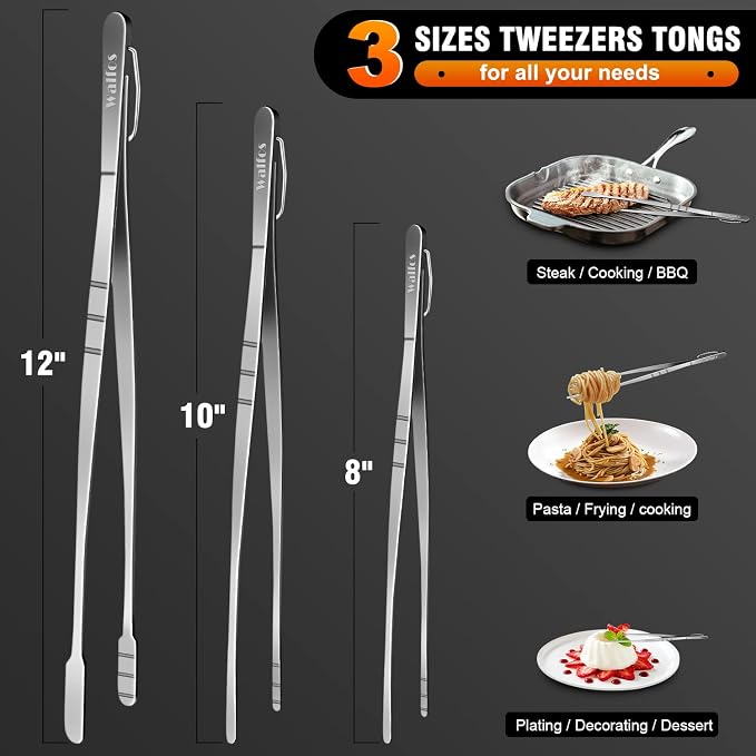 WALFOS Tweezer Tongs for Cooking, Kitchen Tweezers Stainless Steel Pasta Tweezers Tongs for Cooking, Roasting, Grabbing Small Objects, Dessert, BBQ, Spaghetti 3 Pcs (8+10+12-Inch)