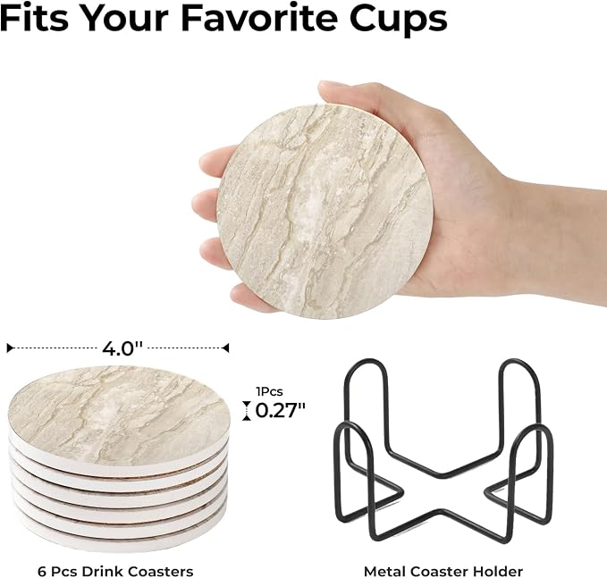 LIFVER Coasters for Coffee Table, Coasters for Drinks Absorbent, Drink Coasters, Housewarming Gift, Home Decor, Set of 6, Farmhouse Coaster Set with Holder, 4 Inches, Sandstone Style