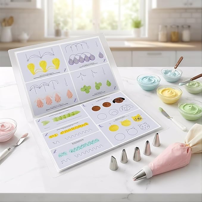 Cake Practice Decorating Board Set with Protector Reusable Wipeable, MDTARVF 23 Sheets Icing Piping Nozzles Practice Drawings Cake Decorating Kit Supplies