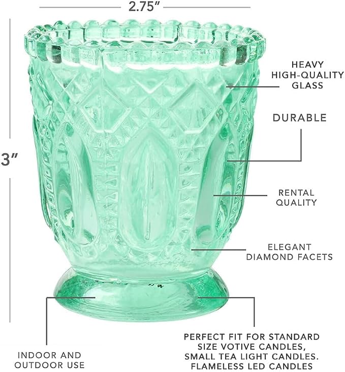 Koyal Wholesale Vintage Glass Candle Holder - Mint Green Tea Light Candle Holders - Mint Green Party Decor, Kitchen Decor, Weddings & Birthdays Easter Decorations for Table - 3 X 2.75 (Pack of 6)