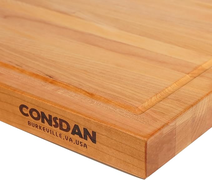 CONSDAN Solid Cherry Wood Cutting Board for Kitchen, USA Grown Hardwood, 16 x 12, with Invisible Inner Handle, Prefinished with Food-Grade Oil, Suitable for Kitchen Edge Grain, 1-1/2" Thick