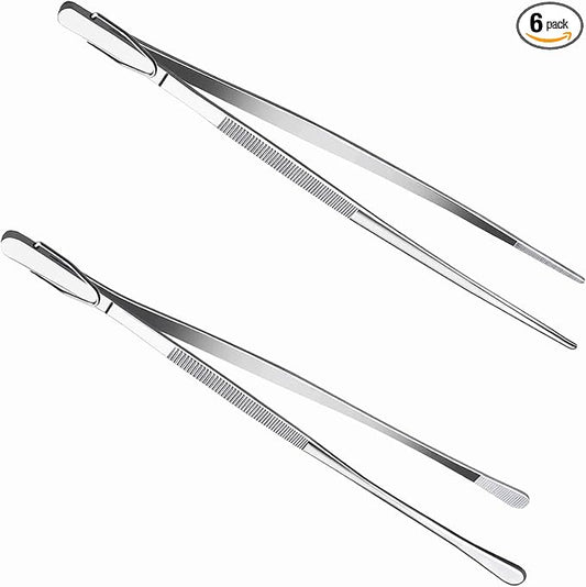 12Inch BBQ Long Forceps Tweezers, Serrated Flat Tips Science Surgical Tongs Jewelers Needle Metal Sewing Sharp Kitchen Cooking Tweezers With Teeth Knurled Handles