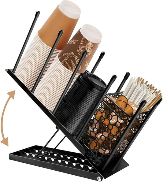 Cup and Lid Holder, Adjustable Coffee Cup Holder with Straw Organizer, 4 Compartments Disposable Paper Cup Dispenser for Countertop, Station Bar, Kitchen, Office Breakroom, Metal Black