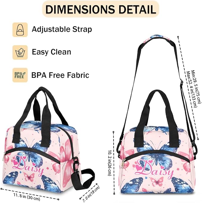 Personalized Butterfly Lunch-Bag for Women, Custom Insulated Cooler Lunch Box with Name, Leakproof-Reusable Lunch Tote Bag for Work Office Picnic - Pink Blue 2