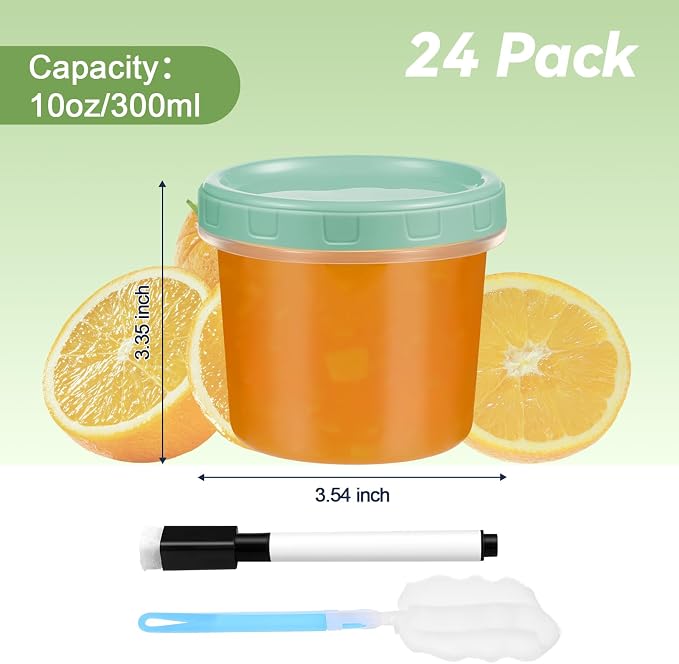 24 Piece 10 oz Plastic Food Storage Containers with Lids, Reusable Freezer Storage Containers, Small Meal Prep Containers with Pen and Brush, BPA-Free, Screw Top, Microwave & Dishwasher Safe