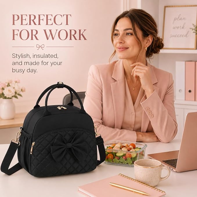 LEDAOU Lunch Box for Women, Insulated Lunch Bag Women with Adjustable Shoulder Strap, Cute Black Lunch Tote Bag for Work, Womens Lunch Bag with Bowknot, Front Zipper Pocket & Side Pockets