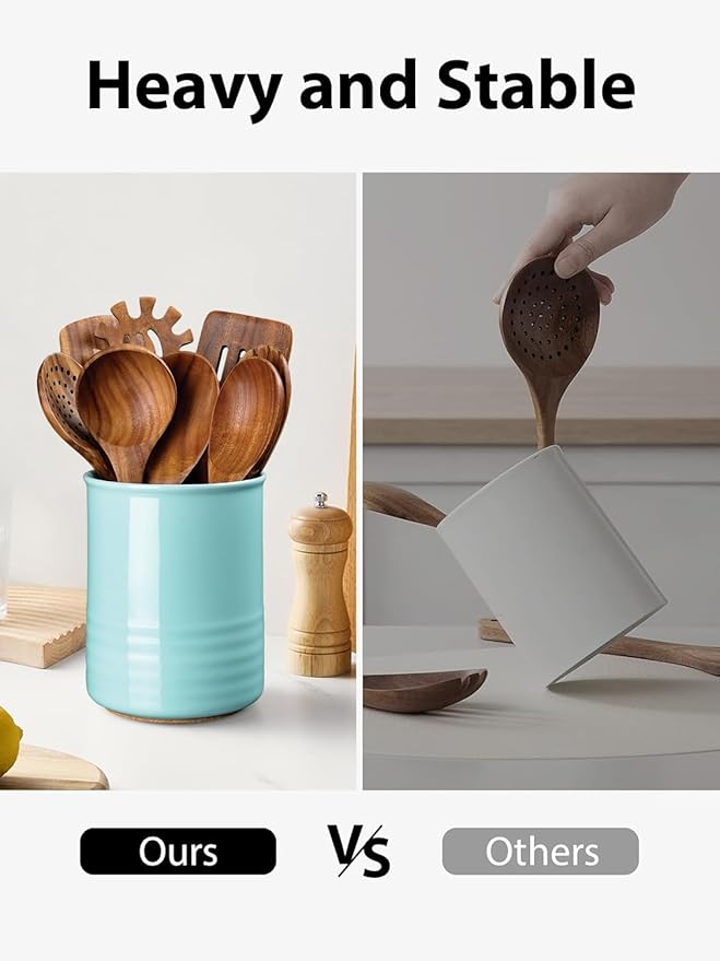 ABRUTY Utensil Holder, 6.7" Ceramic Kitchen Utensil Crock for Countertop Cooking, Modern Utensil Caddy Jar Organizer for Farmhouse Kitchen Counter Décor, Turquoise