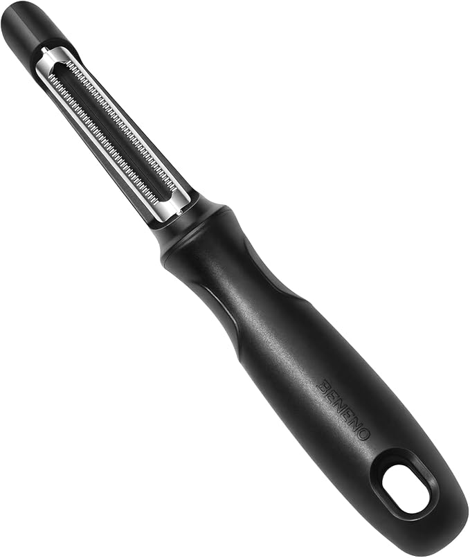 Beneno Serrated Swivel Vegetable Peeler for Kitchen | Razor-Sharp Stainless Steel Serrated Blade, Soft Grip Handle, Dishwasher Safe, Ideal for Tomatoes, Peaches & Kiwis, Black