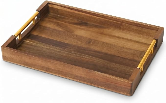 Acacia Wood Serving Tray with Golden Handles, 17x12 in Large Wooden Tray for Ottoman, Coffee Table, Breakfast in Bed, Bar, Rectangular Decorative Tray for Modern Farmhouse Decor