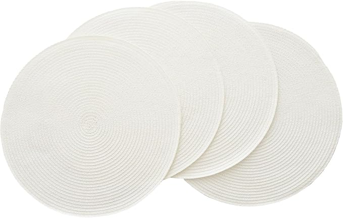 Winknowl 15 Inch Round Braided Placemats Set of 4, Washable Cotton Polyester Table Mats, Heat Resistant Non-Slip Place Mats for Kitchen Dining Table Decor (White,4pcs)