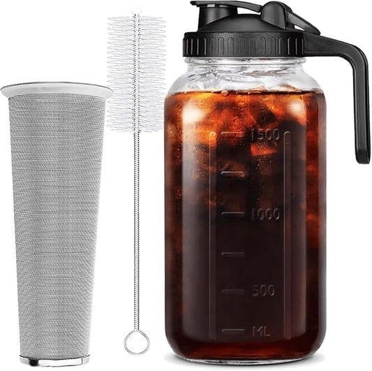 64 oz (2 Quart), Black Cold Brew Coffee Maker, Iced Tea Machines, Thick Glass with Pour Spout Handle Lid, Stainless Steel Filter for Iced Coffee, Fruit Drinks or Sun Tea (1)