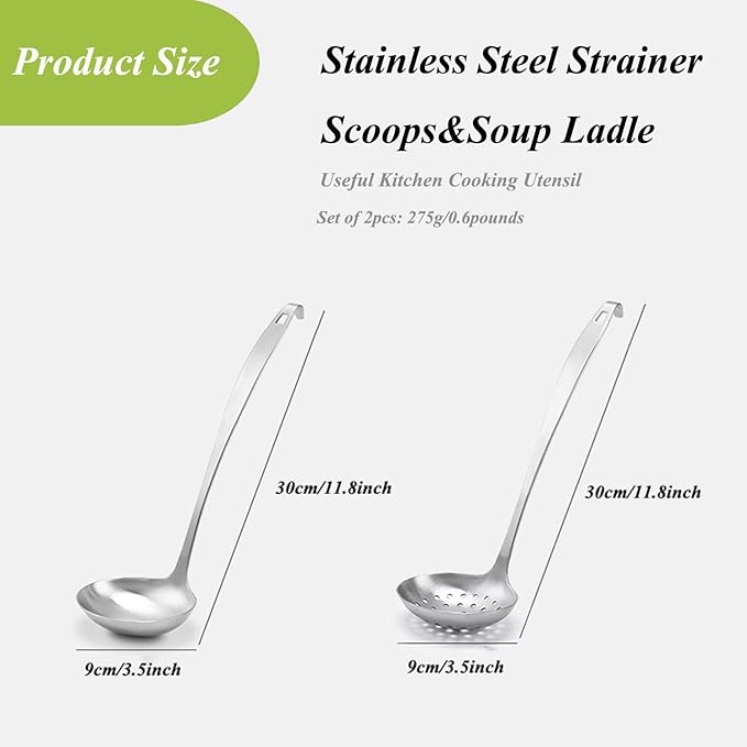 Cooking Ladles,Serving Scoop And Ladle Strainer Set Of 2 with Hook and Hole for Easy Hanging,Stainless Steel Soup Ladles Set for Kitchen