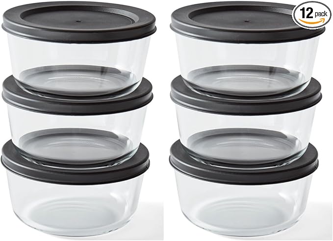 12-Piece Glass Food Storage Containers Set (6 Containers + 6 BPA-Free Lids) | 2-Cup, Leakproof | Microwave, Freezer, Oven & Dishwasher Safe | Ideal for Meal Prep & Pantry Organization, Black