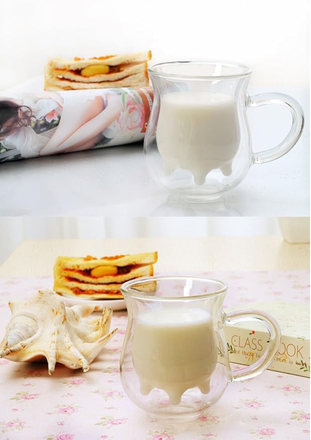 Double Wall Glass Cup - Creative Cup Cute Calf Insulated Mugs Thermo Coffee Milk Cups Creamer Pitcher (250 ml/8.45 oz)