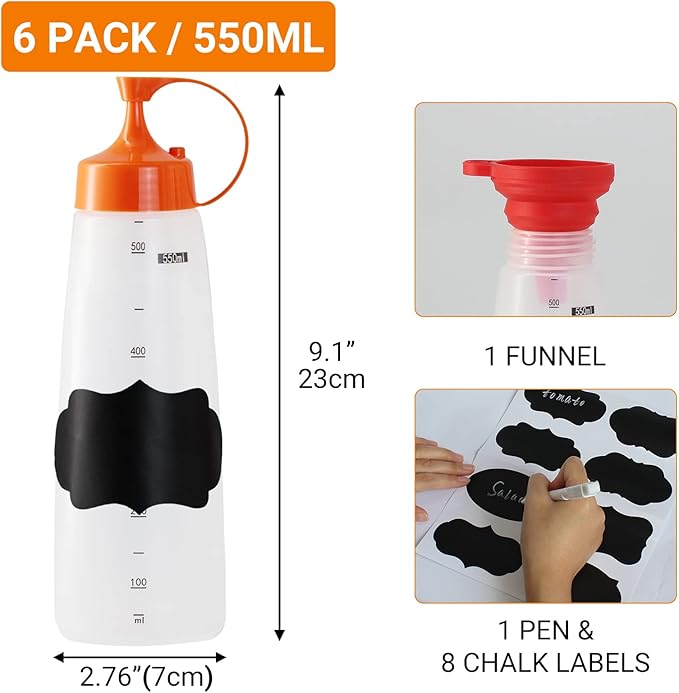 6 Pack 550ml/19 oz Condiment Squeeze Bottles Plastic Empty Condiment Dispenser with Cap Lids - Perfect for Condiments, Oil, Icing, Salad, Food Liquid