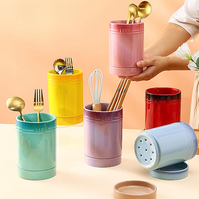 LAYUON Utensil Holder,Ceramic Utensil Crock with Cooking Tool Organizer Crock for Spoons, Spatulas, Tongs for Kitchen Decor ousewarming Gift, ,Pink