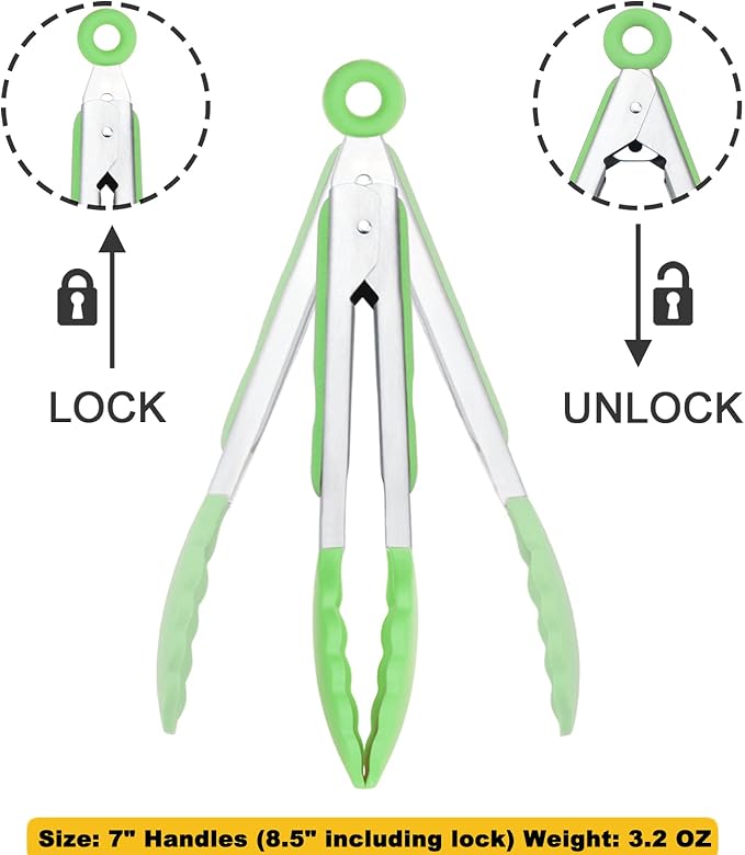 HINMAY Mini Tongs with Silicone Tips 7 Inches Silicone Cooking Tongs, Set of 3 (Green)
