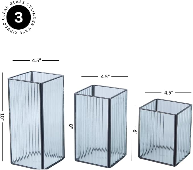 Koyal Wholesale Glass Ribbed Hurricane Candle Holders - Black Pillar Set of 3