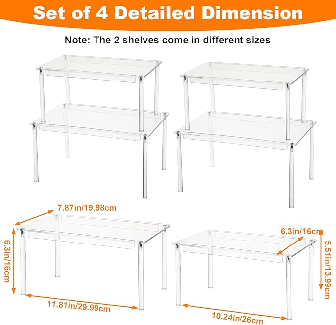 4 Pcs Clear Acrylic Cabinet Organizer Shelves, Stackable Spice Rack & Shelf Riser for Kitchen Pantry, Countertop, Bathroom, Desk & Cupboard Storage, Versatile Display Organizer for Makeup