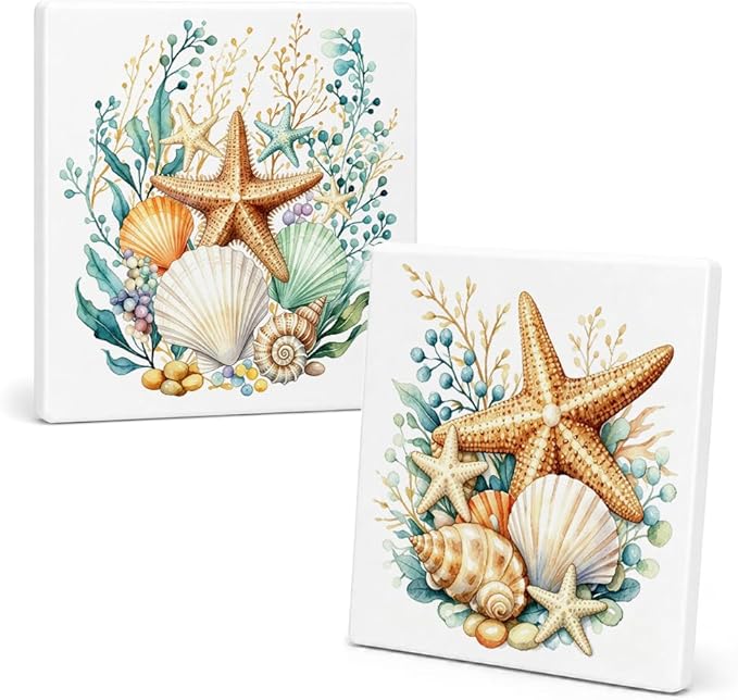 2 Pcs Watercolors Starfish & Seashell Ceramic Coasters, Coastal Square Absorbent Coasters for Cold Drinks Coffee Mug Wine Glasses Cups, Housewarming Gifts for Home Kitchen, Beach House Decor