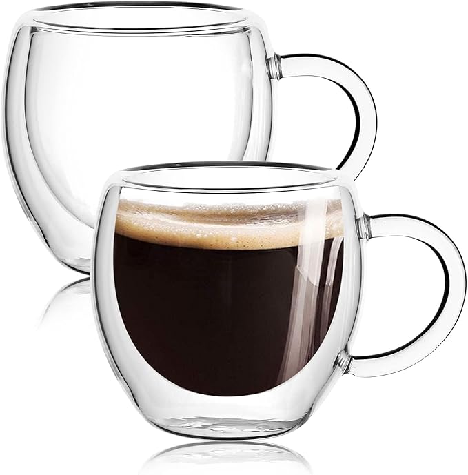 Espresso Cups Set of 2 With Handle,2.5oz Clear Expresso Shots Cup,Espresso Shot Glasses,Double Wall Insulated Expresso Mugs,Tazas de Cafe Expreso,Microwave Dishwasher Safe,Suit for Espresso Machine