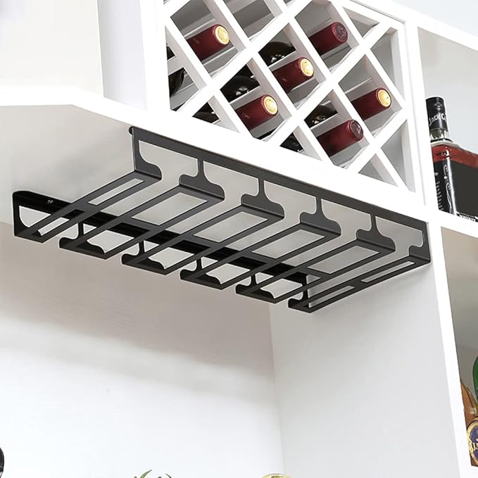Under Cabinet Stemware, Hanging Wine Glass Holder with Screws, Glasses Storage Hanger Iron Organizer for Home Kitchen Bar