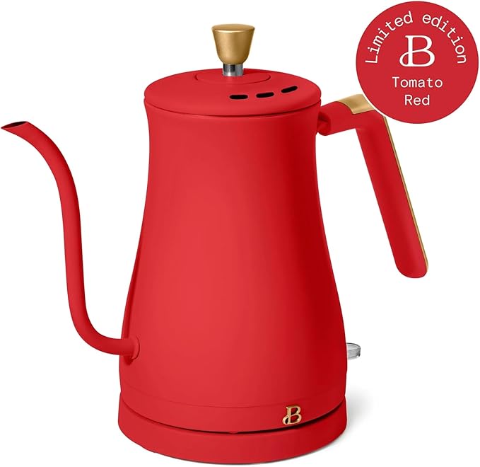 Electric Gooseneck Kettle 1 Liter 1200W Fast Boil with Precision Pour Spout, Stainless Steel Interior, Auto Shut-Off & 360° Swivel Base (Tomato Red)