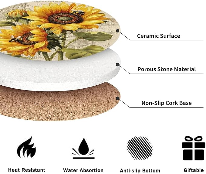 Drink Absorbent Coasters with Holder Set of 6, Ceramic Stone with Cork Base, Vintage Sunflowers Yellow Spring Flowers Coaster for Drinks, Gift for Housewarming Room Bar Home Decor Kitchen