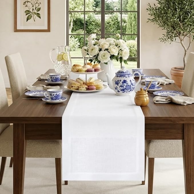 Classic Linen™ by D'Moksha White Table Runner 144 Inches Long, 100% Pure Linen, Extra Long Table Runner, 14 x 144 Inch for Dining- Summer, Father's & Independence Day