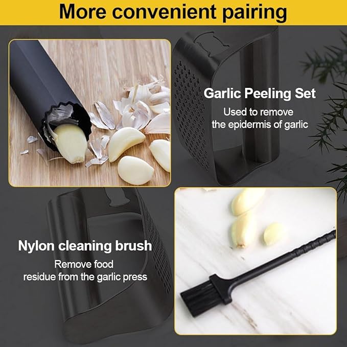 Garlic Presses,Stainless Steel Garlic Presser, Garlic Press Rocker Heavy Duty Stainless Steel Garlic Mincer, Garlic Chopper with Peeler And Cleaning Brush for Smash Garlic Kitchen Tools(1Set)