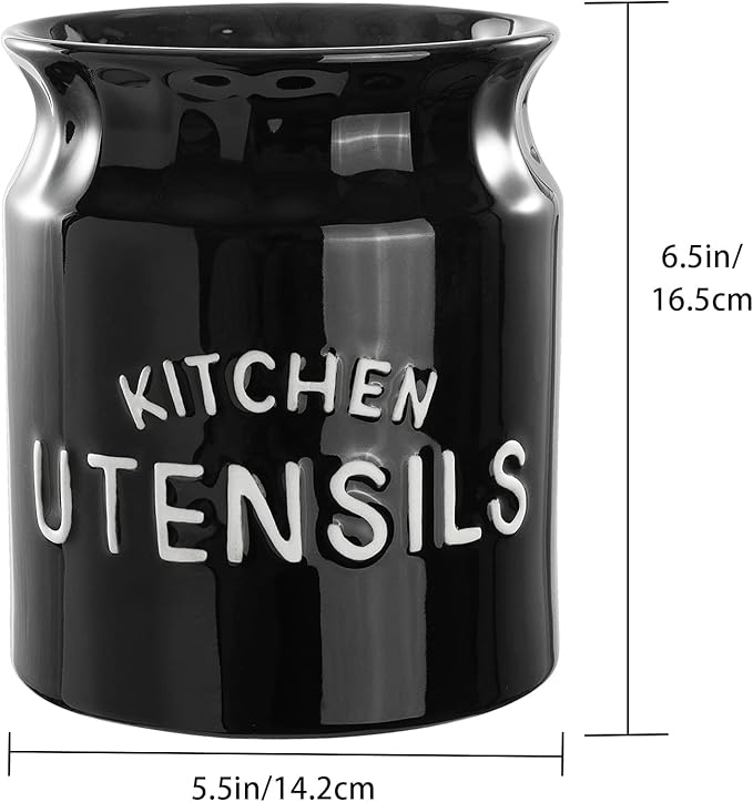 Utensil Holder, Ceramic Farmhouse Kitchen Utensil Holder for Countertop, 6.5" Large Cooking Utensil Crock for Kitchen Counter, Black