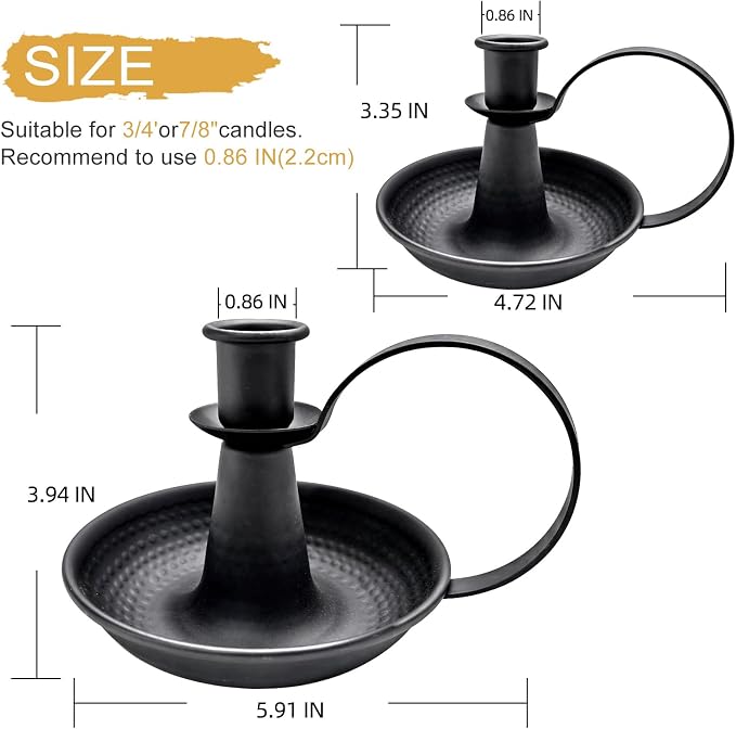 Black Iron Pillar Candlestick Holders, with Handle, Taper Candle Holder for Candlesticks, for Fireplace Party, Dining, Home, Wedding Decor,Fits 3/4 inch Thick Candle&Led Candles（Set of 6 Pcs）