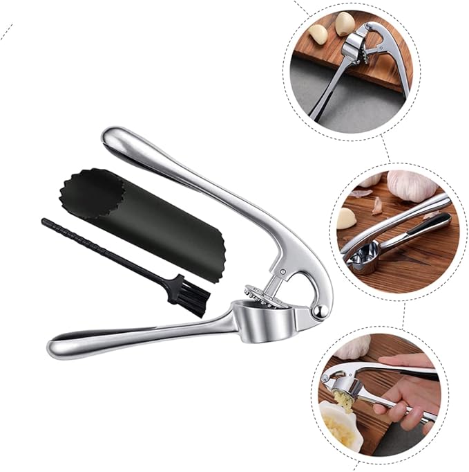 Zinc Alloy Garlic Press Set Stainless Steel Garlic Mincer Peeling Brush for Kitchen Use Easy Clean Ergonomic Design