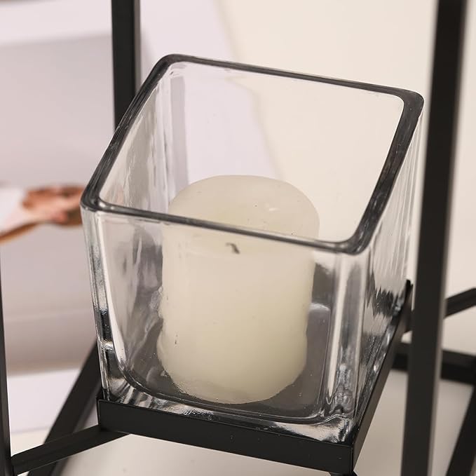 Set of Candlestick Holders in Two Sizes, Versatile Square Glass Candle Holder with Black Frame, Moden Style Candle Stand for Home Decor, Wedding, Party & Table Centerpiece