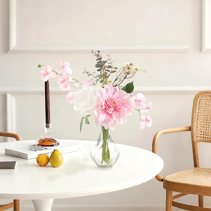 Faux Flowers with Vase,Small Artificial Silk Roses in Vase, Fake Plant Eucalyptus Flower Arrangement for Home Office Decoration, Living Room and Dining Table Centerpiece