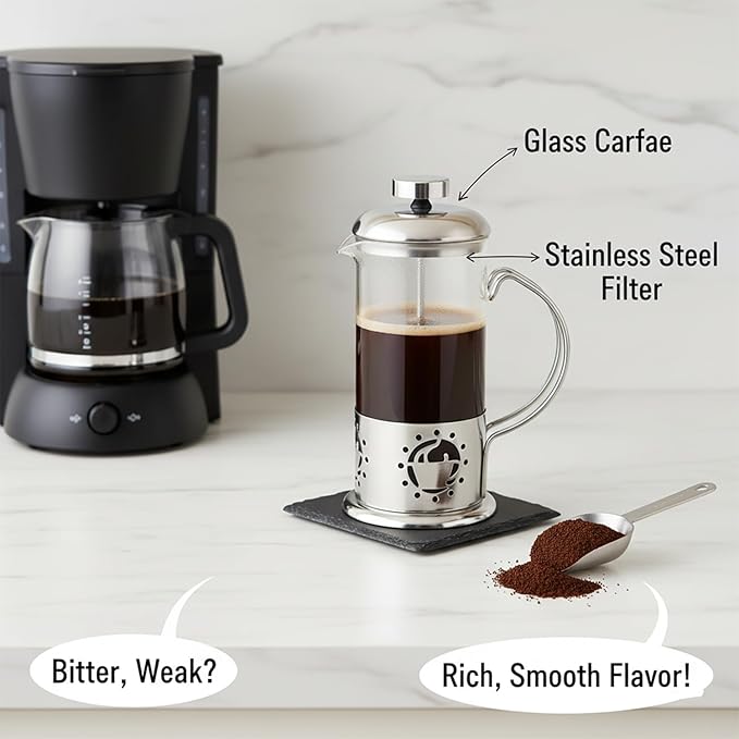 Single Serve French Press Coffee Maker - 12 oz Glass & Stainless Brewer | Portable 1-Cup Manual Coffee Press With Fine Mesh Filter, Mini Brewer For Home, Travel or Camping, Great For Loose Tea.