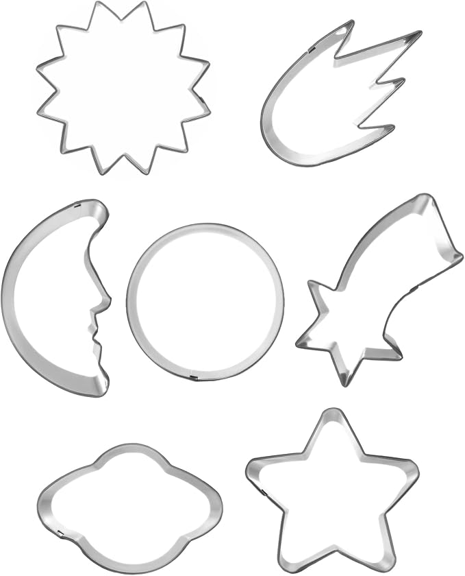 Planet Series Cookie Cutter Set of 7 pcs, Stainless Steel Universe Outer Space Fondant Cutters Set for Holiday Baking Clay DIY Molds