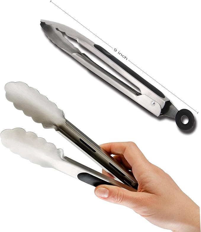 TENTA TENTA KITCHEN 9" Stainless Steel Kitchen Tongs, Locking Metal Food Tongs Non-Slip Grip (Set of 3)