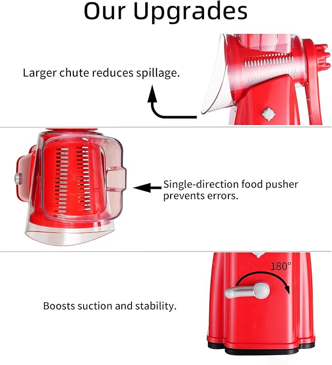 Upgrade Rotary Cheese Grater Shredder with Handle, Strong Suction Base, Multi-purpose Rotary Grater Slicer with 5 Interchangeable Blades for Ice, Vegetables, Fruit, Nuts with Blade Storage Box